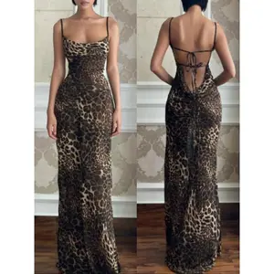 Women's Leopard Print Backless Draped Halter Mermaid Dress, Sexy Fashion Sleeveless Tie Back Maxi Dress for Party Club Dating Wear, Women Dress for Summer