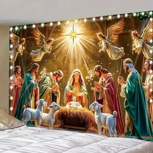 Starry Night Christmas Nativity Banner Christmas Scene Starry Sky Decoration Polyester Woven Easy Setup Kit for Home Office Parties Celebrations No Power Needed