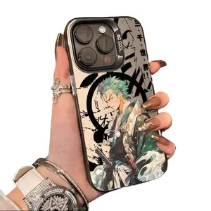 Anime *One Piece* Zoro-Themed Magnetic Phone Case—Compatible with iPhone 13, 14, 15, 16, and 17 models. Featuring a soft-shell design with silver-finish edges, this case offers superior drop resistance and comprehensive protection for your phone.