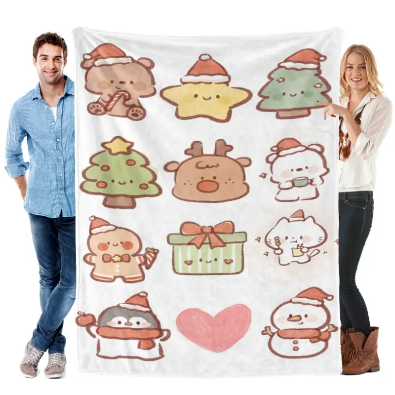 Kawaii Doodle Christmas Grid Flannel Blanket - Soft Neutral Pastel, Bear-Penguin-Snowman-Gingerbread Prints, Cozy Throw for Kids, Cottagecore Winter Home Decor