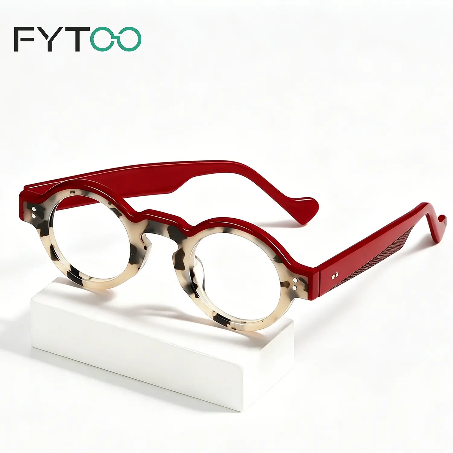 FYTOO Women's 2-Tone Red Tortoiseshell Round Acetate Eyeglass Frames, Fashion Contrast-Color Statement Eyewear Accessories, Style 1728-04