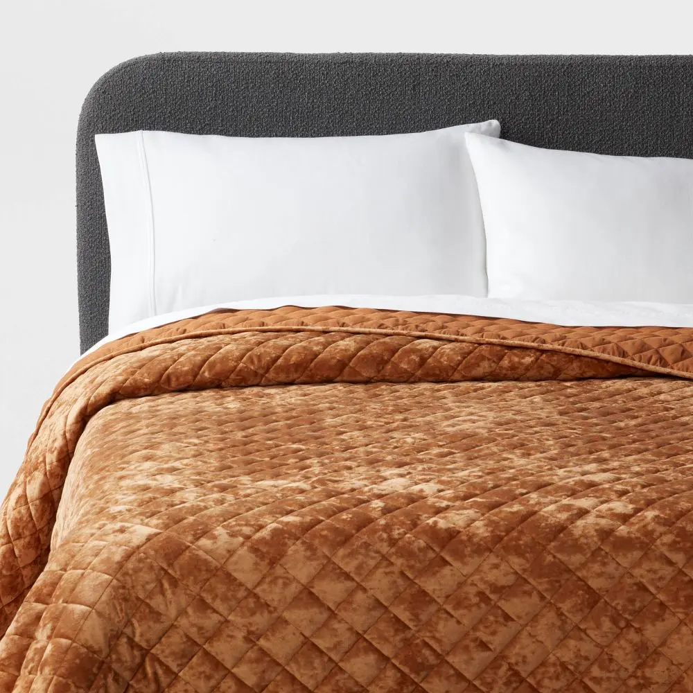 Full/Queen Luxe Diamond Stitch Velvet Quilt Camel - Threshold: Gender Neutral OEKO-TEX Certified Year-Round Comfort