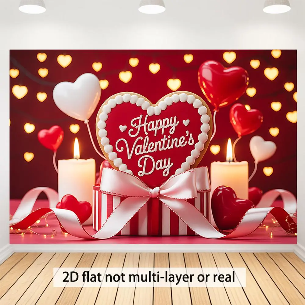 1PC Polyester 2D Flat Valentine's Day Love-Themed Backdrop Decor, Vibrant Design Photography Background Wall Hanging Cloth with Heart-Shaped Balloons, Candles, Party Photo Prop to Celebrate Birthdays, Festive Banners