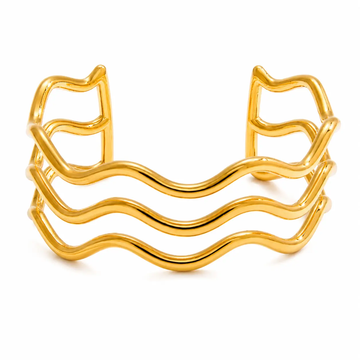 Wave Bracelet for Women - 18K Gold Plated Stainless Steel Three Layer Hollow Geometric Minimalist Open Cuff Jewelry