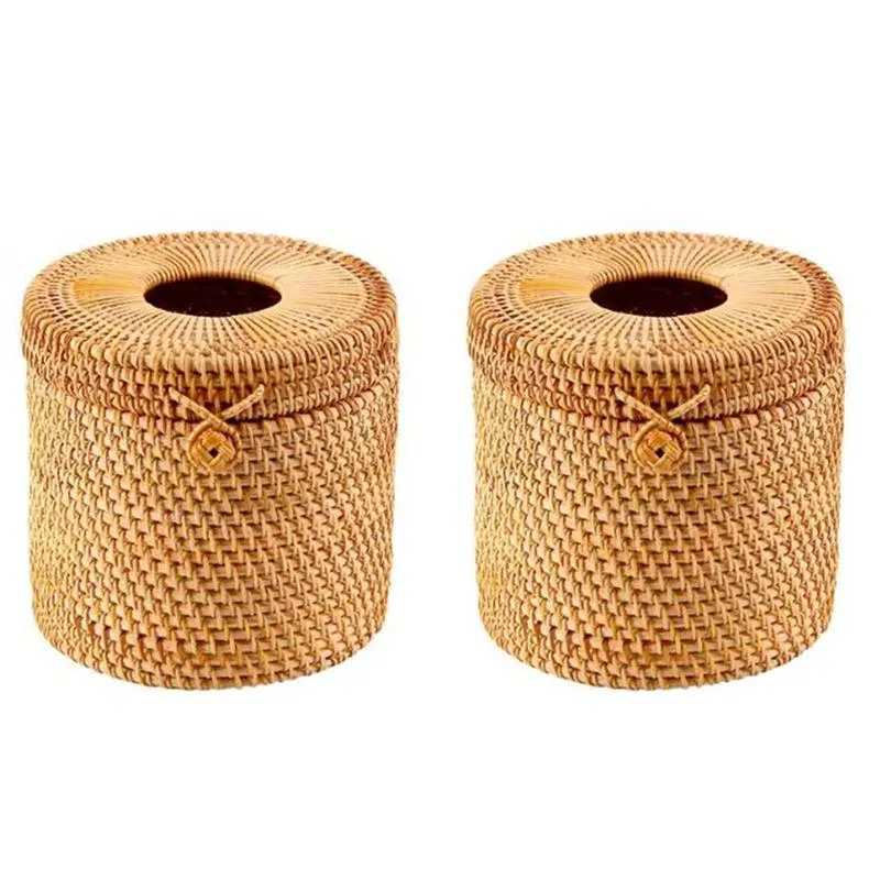 2Pcs Rattan Tissue Box Toilet Paper Cover Wicker Decorative Holders with Lid for Storage Single Roll and Tissues