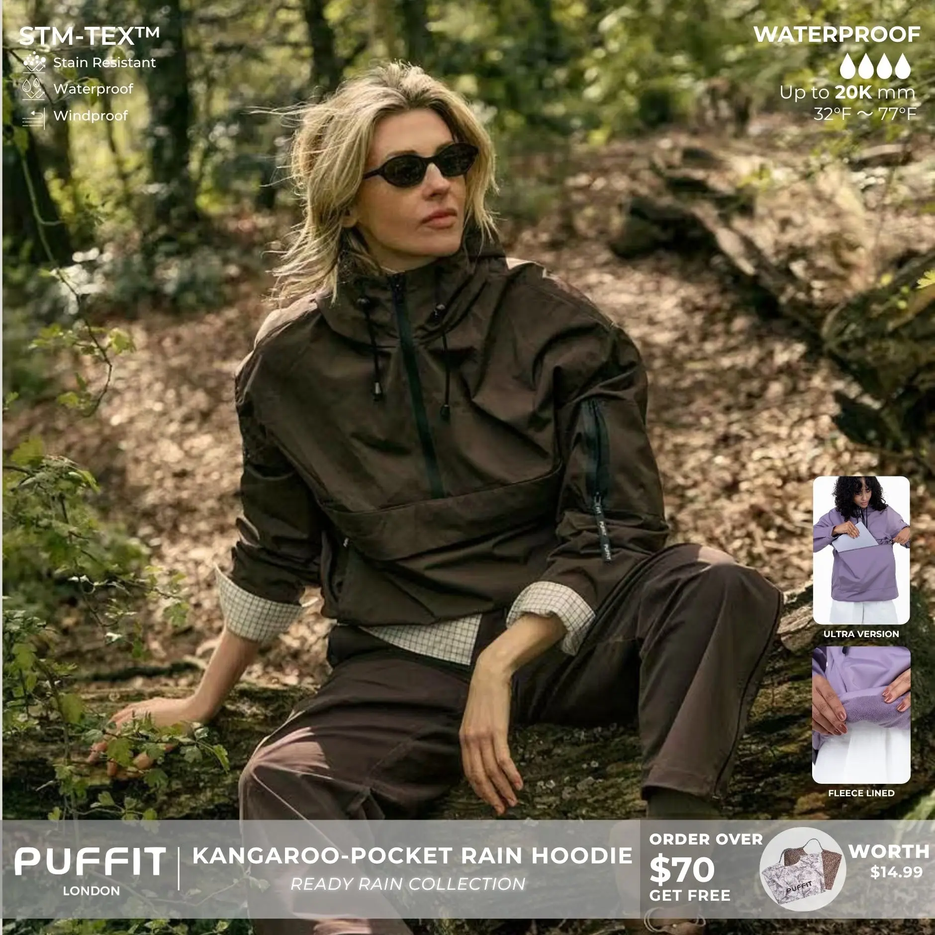 【Restocked】PUFFIT STM-TEX Waterproof Oversized Fall Hoodie Coat Warm Half Zip Rain Jacket With Adjustable Waist,Hood & Cuffs,Large Kangaroo Pocket,Shell Jacket,Ski Jacket,Spring Jacket,Windbreaker,Dog Walking,School Running,Football Mum,Stylish,Womenswear