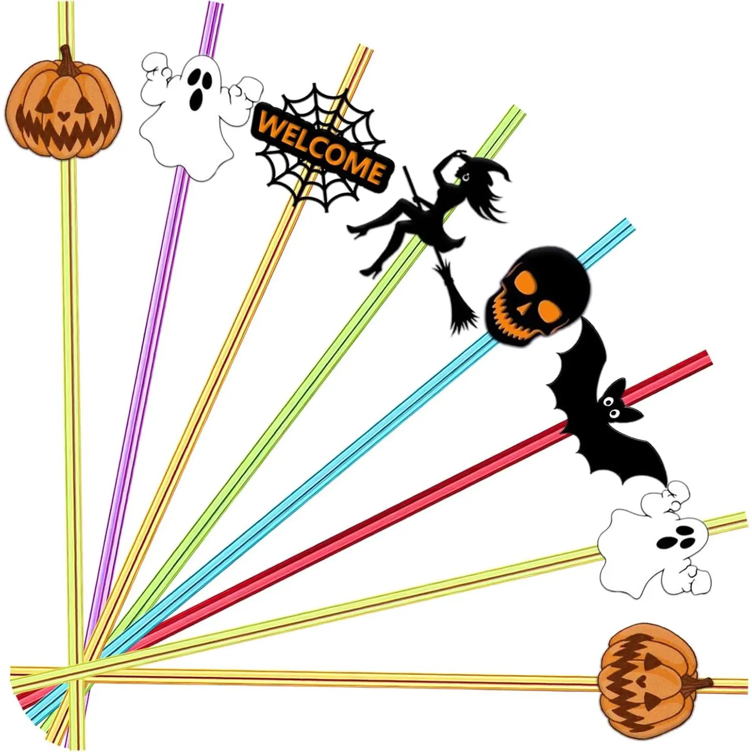 24 Pcs Halloween Party Favors - Reusable Plastic Crazy Straws with Bats, Pumpkin, Witch, Ghost Designs & 2 Cleaning Brushes - 6 Colors Birthday Beverage Disposable Utensils Washable