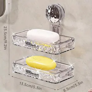 Wall-Mount Suction Soap Dishes, No-Drilling Plastic Bathroom Storage Rack with Mirror End, Holds 2-3 Bars, Space-Saving Under 68.58 cm, Ideal Gift, Wall-Mount Soap Dishes