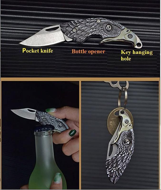 Eagle Head Folding Knife,  Bottle Opener  Multitool,Keychain​,​Necklace– 4-in-1 Portable Keychain , Outdoor Camping & Hiking Emergency Equipment, High Hardness Stainless Steel Knife Titanium Alloy Blades Survival Gear