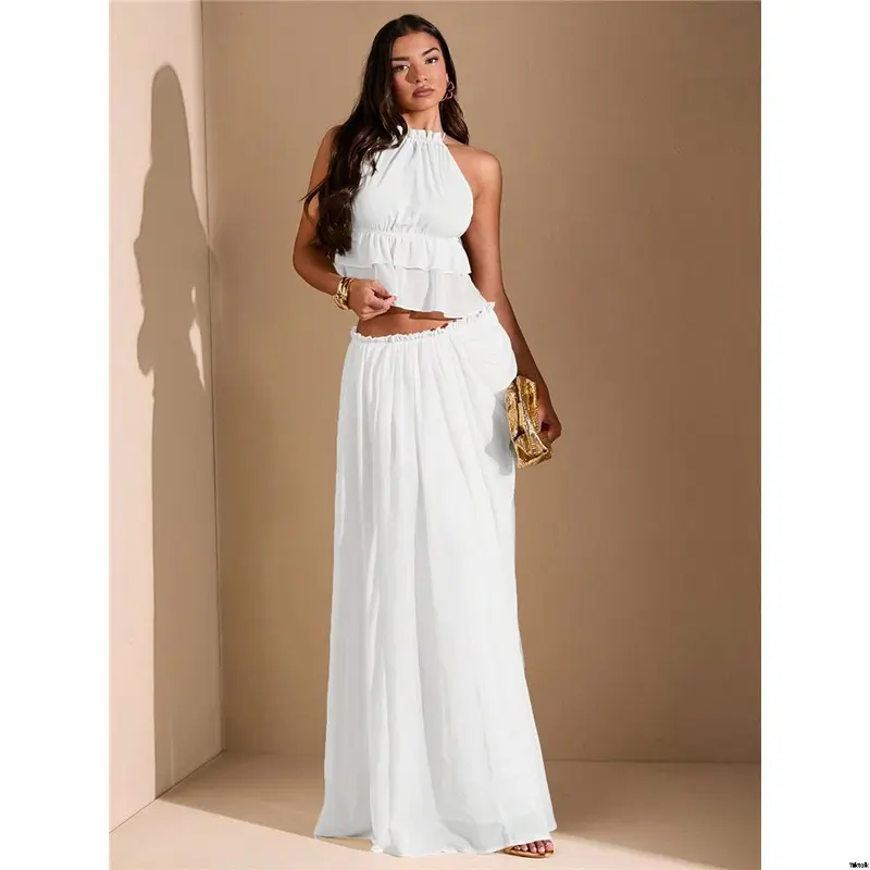 Date Beach Holiday , Women For Maxi Slit High Ruched Asymmetric White BAE tiktok White Skirt Vacation