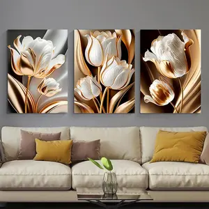 3 pieces/set, painting, canvas printing art, Floral Print Design, classic luxury of black and gold flowers, white flowers with golden tulips on the edges, home decoration poster, frameless