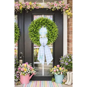 Blue Gingham Monogram Wreath Scarf | Personalized Spring Front Door Decor | Custom Embroidered sash | Housewarming Gift