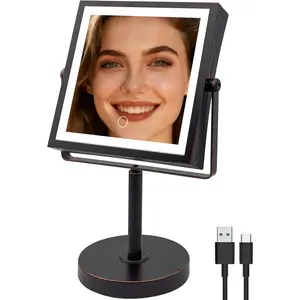 JIONIESIM Series 1X/10X Makeup Mirror with Lights, Double Sides Lighted Magnifying Mirror with 3 Colors, Height & Brightness Adjustable, Rechargeable 4000mAh  Mirror (Oil Rubbed Bronze)