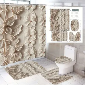 1/4pcs Elegant 3D Beige Floral Bathroom Set - Shower Curtain + Toilet Seat Cover + 2 Bath Mats with Raised Leaf Patterns, Perfect for Spring/Summer Decor, Cozy & Luxurious Bathroom Accessories