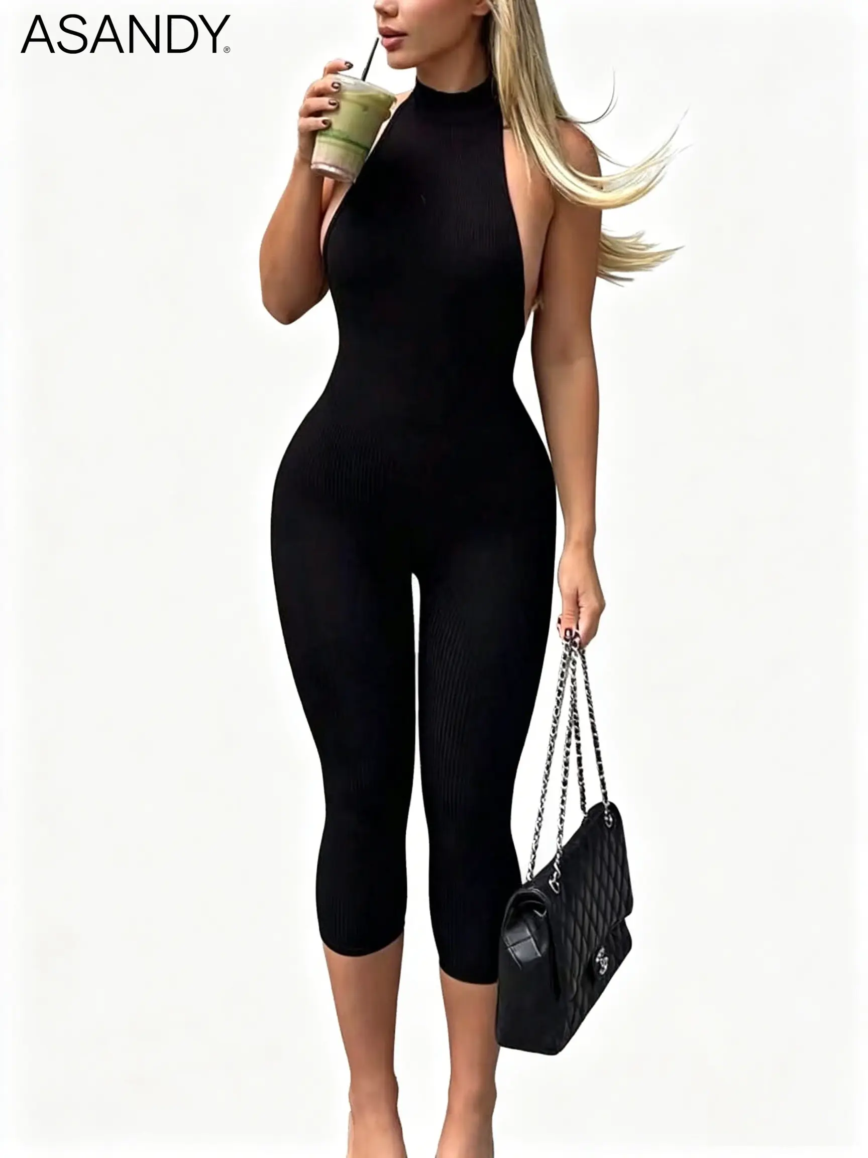ASANDY Women's Minimalist Nylon Sleeveless Halter Neck Backless Solid Color Soft Stretch Slim Shaping Capri Length 1-Piece Jumpsuit, 2026 New Arrival, for Party & Daily Wear, Below The Knee, Opaque Coverage, Pull On