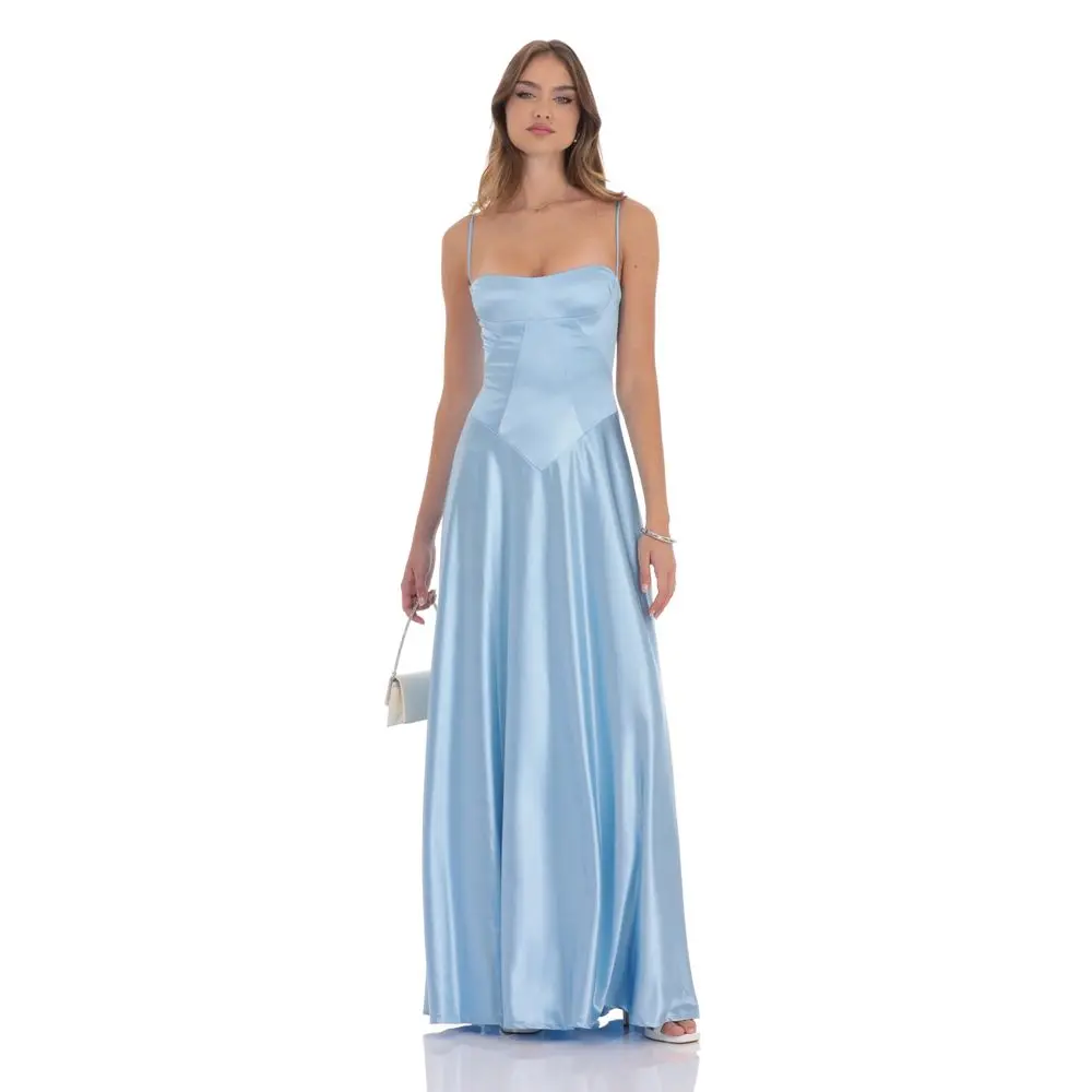 Satin Square Neck Maxi Dress in Light Blue