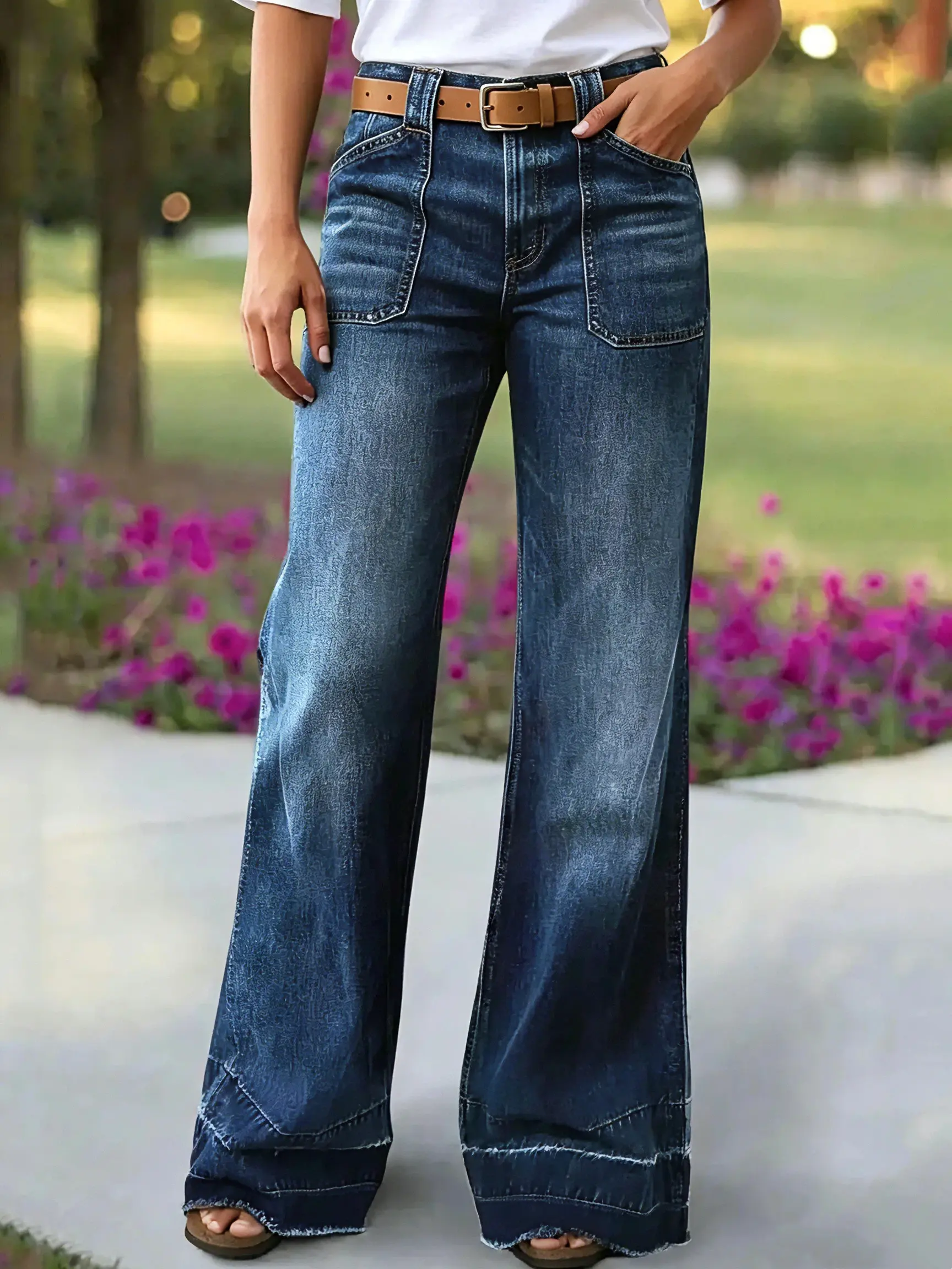 Women's vintage mid-rise straight-leg jeans with a gradient wash and frayed hems. These comfortable, loose-fitting, figure-flattering, and versatile wide-leg jeans are perfect for casual wear.