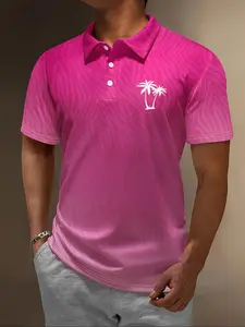 Men's Regular Fit Ombre Gradient & Tropical Coconut Tree Print Short Sleeve Polo Shirt, Casual Button Front Collared Top for Daily Outdoor Wear, Fashion Men's Clothes for All Seasons