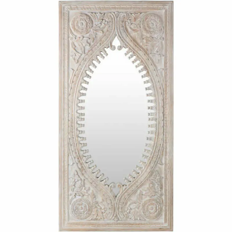 Surya Wall Decor & Mirrors Jodhpur Modern Large Wall Mirror Aged White Carved Wood Finish JOD-001