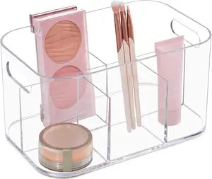 5-Compartment Clear Plastic Makeup Organizer – Rectangular Vanity Caddy with Handles for Cosmetics Storage Boxes