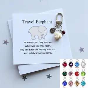 Cream Travel Eephant Keychain, Personalised Birthstone Elephant Bag Charm, Birthday Gift Idea For a Friend, Good Luck Charm