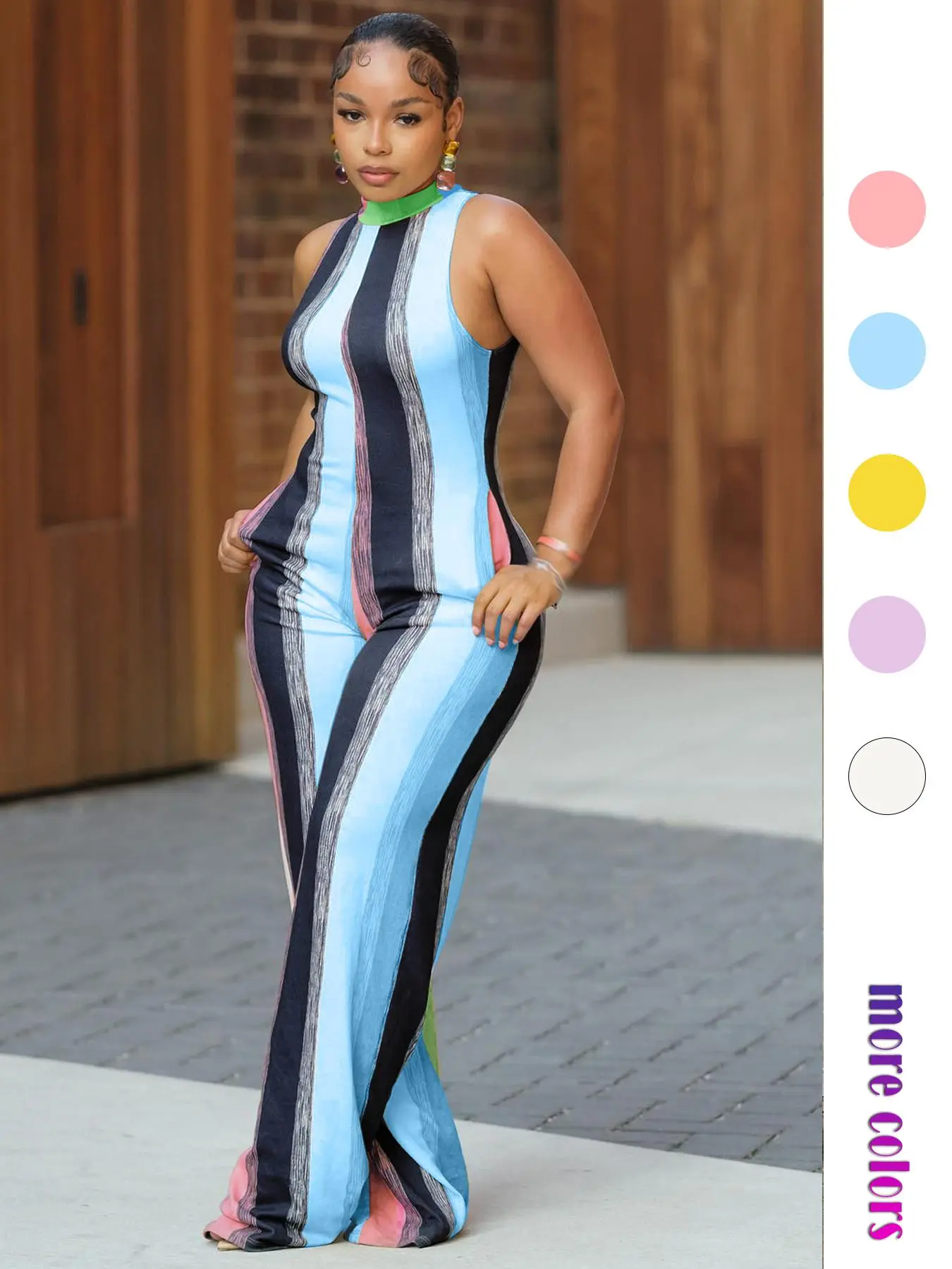 Elegant Fashion Colorful Striped Sleeveless High Neck Wide-Leg Jumpsuit for Women, Street Style High-Waisted Slim Fit Womenswear for Summer, Streetwear