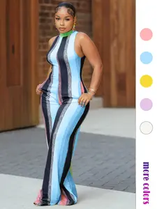 Elegant Women's Colorful Striped Jumpsuit Spring, Fashionable Sleeveless High Neck Stripe Romper, High Waist Slimming Wide Leg Pants