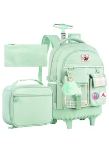 3PCS Womens Rolling Backpack for Girls, Wheeled Bookbag with Lunch Box for Adults, Water Resistant Roller School Bag for College Teens Kids Travel - Green