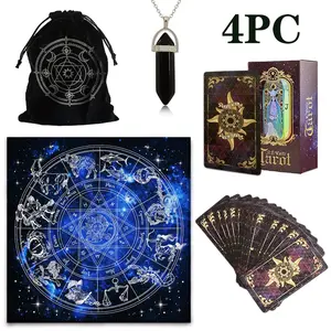 4PC 12-constellation Festive decorative tarot card reading set. This is a 4-piece kit for tarot scholars to use as a tarot astrology set. It includes 1 set of 78 tarot cards, 1 polyester drawstring bag, 1 tablecloth, 1 pendant, and a party supplies set.