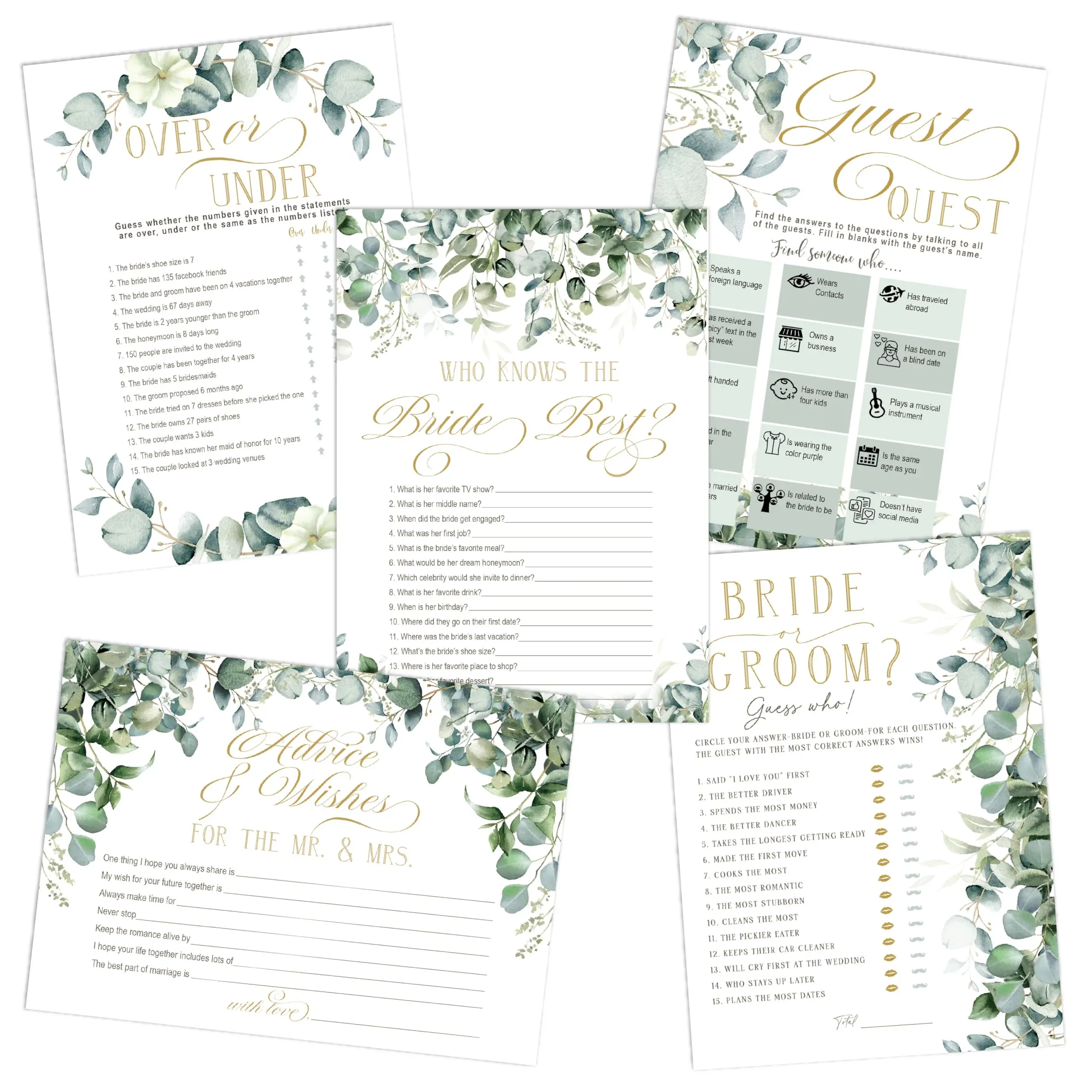 Your Main Event Prints Bridal Shower & Wedding Games Set, Four Games Plus Advice And Wishes Cards, 30 Guests, Elegant Greenery Theme