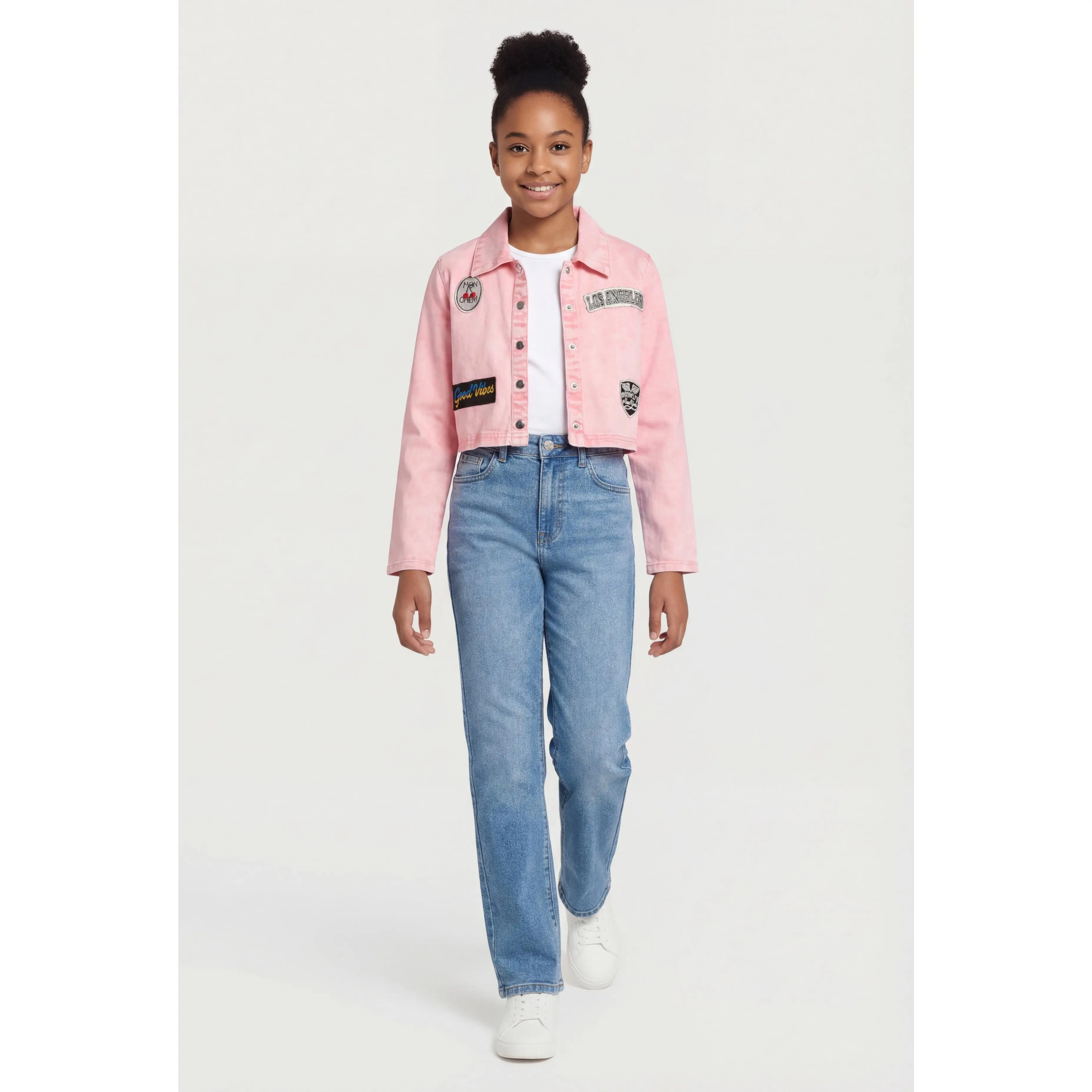 Girls Embroidered Patch Graphic Acid Wash Jean Jacket
