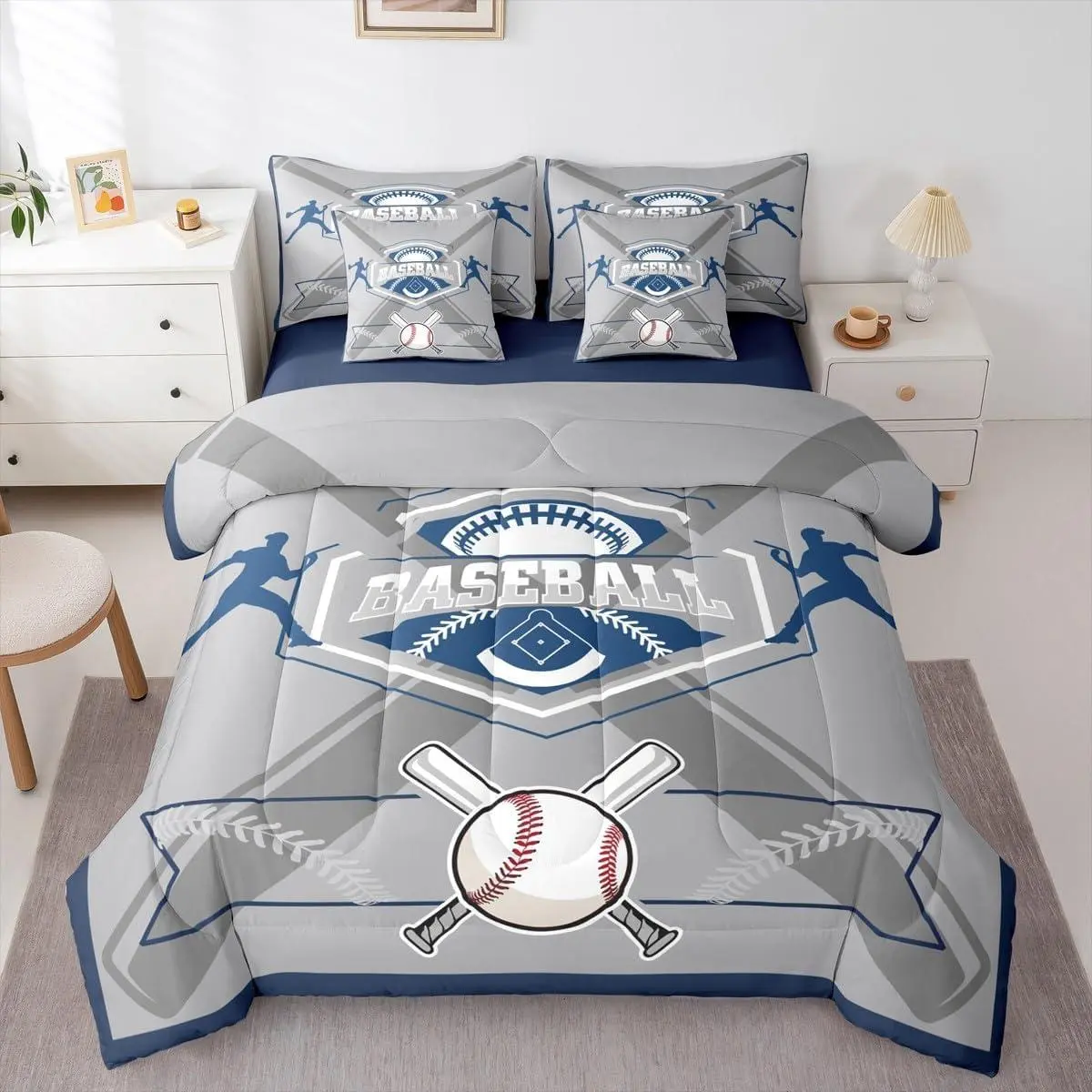 Boys Baseball 7 Piece Bedding Setsports Comforter Bed in a Bag Baseball Team Printed Quilt with Sheet Set,for Children Boy Girl Teen Kids Bedroom Decor,7Pcs