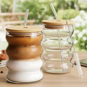 2-Pack Drinking Glasses with Bamboo Lids & Glass Straws, 12oz Glassware Set, Perfect for Cocktails, Iced Coffee, Beer, Ideal Gift, Reusable Glass Cup, Durable Glass Cup