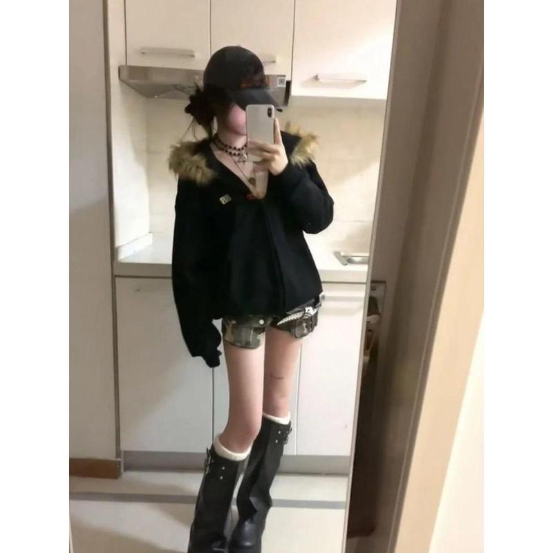 Harajuku Casual Fur Patchwork Hooded Hoodies 2025 Women Y2k Aesthetic Loose Pocket Streetwear Coats Grunge Zipper Sweatshirts