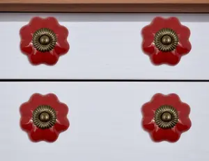 HomeRoots 635767 Red Flower Shape Ceramic Drawer Pull Knobs - Set of 6
