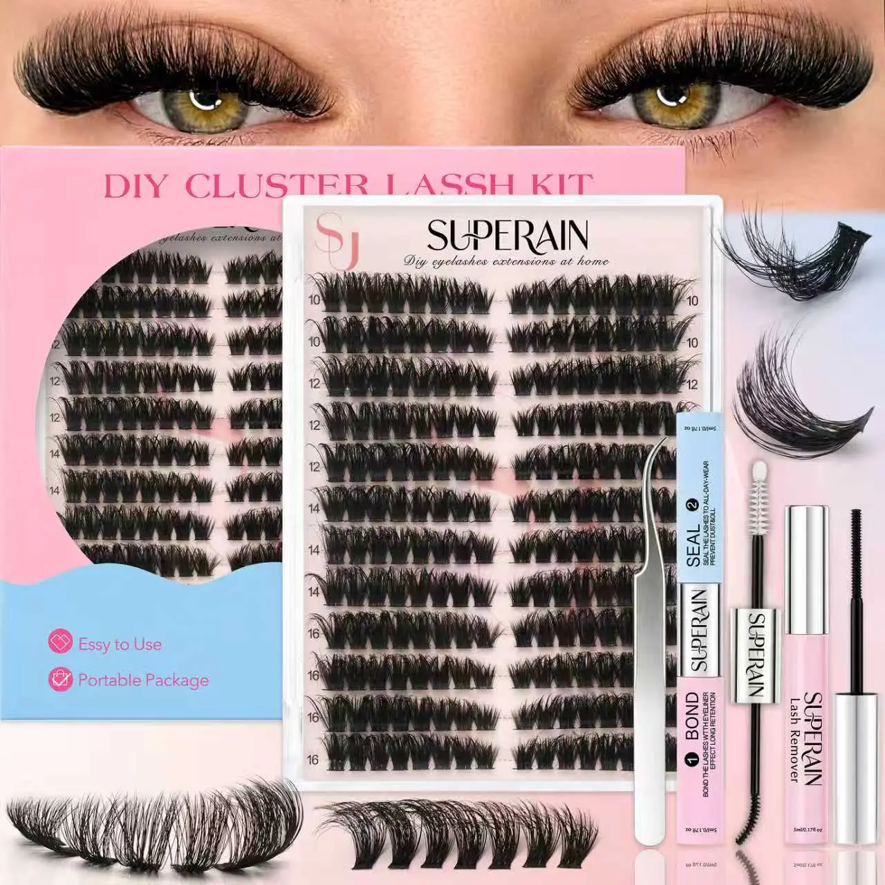 DIY Cluster hand made Lash Extension Kit with Lash Bond & Seal, Tweezers and Remover, Natural Wispy False Eyelashes Set for Home Use