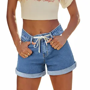 Sidefeel Women's Jean Shorts High Waisted Drawstring Fold Hem Baggy Denim Shorts