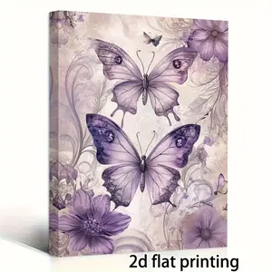 2D 1Piece,Wooden Frame,Wall Painting,11,8x15, 7inch ,Purple Butterfly,Gorgeous Floral Pattern,Canvas Wall Printing Poster Wall Decoration,Suitable for Anniversary,Home Living Room Wall Decoration_PPOK33710