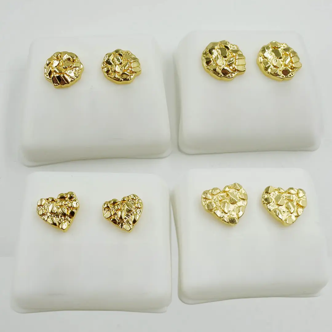 Nugget Earrings 14k Gold Plated Heart Round Textured Stud Earrings Push Back No Fade Nugget Earrings 14k Gold Plated Heart Round Textured Stud Earrings Push Back No Fade
