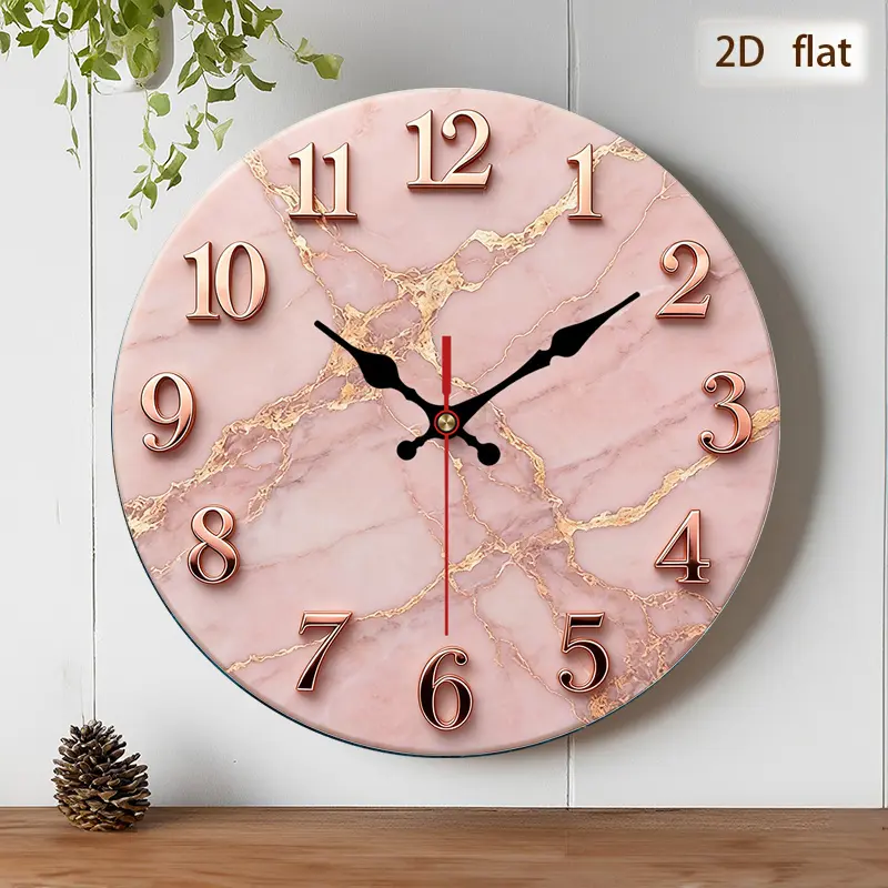 2D flat design. 1 piece set. Pink gold marble light luxury wall clock, silent decoration wall clock, creative wall clock, suitable for bedroom, living room, and office decoration, 25/30cm (excluding AA batteries), 2D flat version