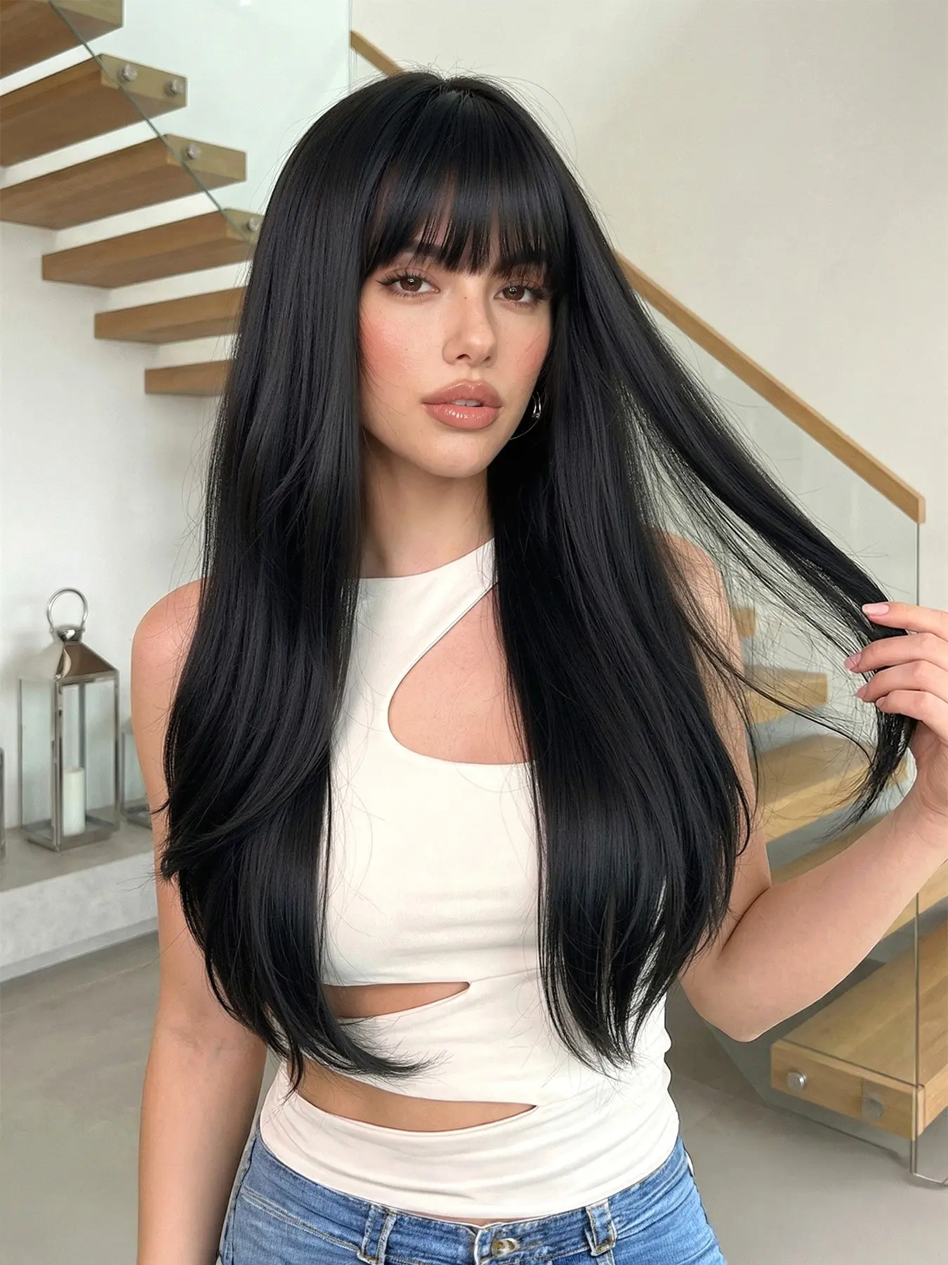 Women's 26 Inch Black Long Straight Synthetic Machine Wigs with Bangs, Straight Hair Wig, Gorgeous Fluffy Wigs for Party, Elegant All-match Fashion Head Accessories for Daily Wear