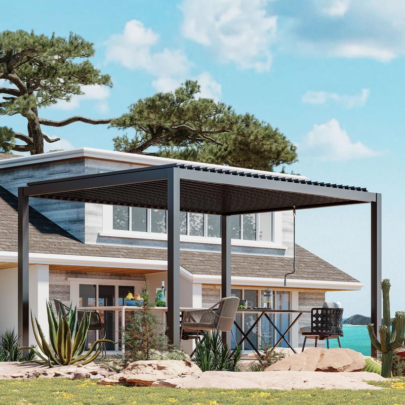 13' x 10' Aluminum Pergola with Adjustable Louvered Roof & Rainproof Drainage System Dark Grey Durable Wind-Resistant for Patio Deck & Garden Includes Waterproof Curtains & Nets