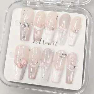 Pink and White Handmade Press On Nails Cute Ribbon Long Coffin