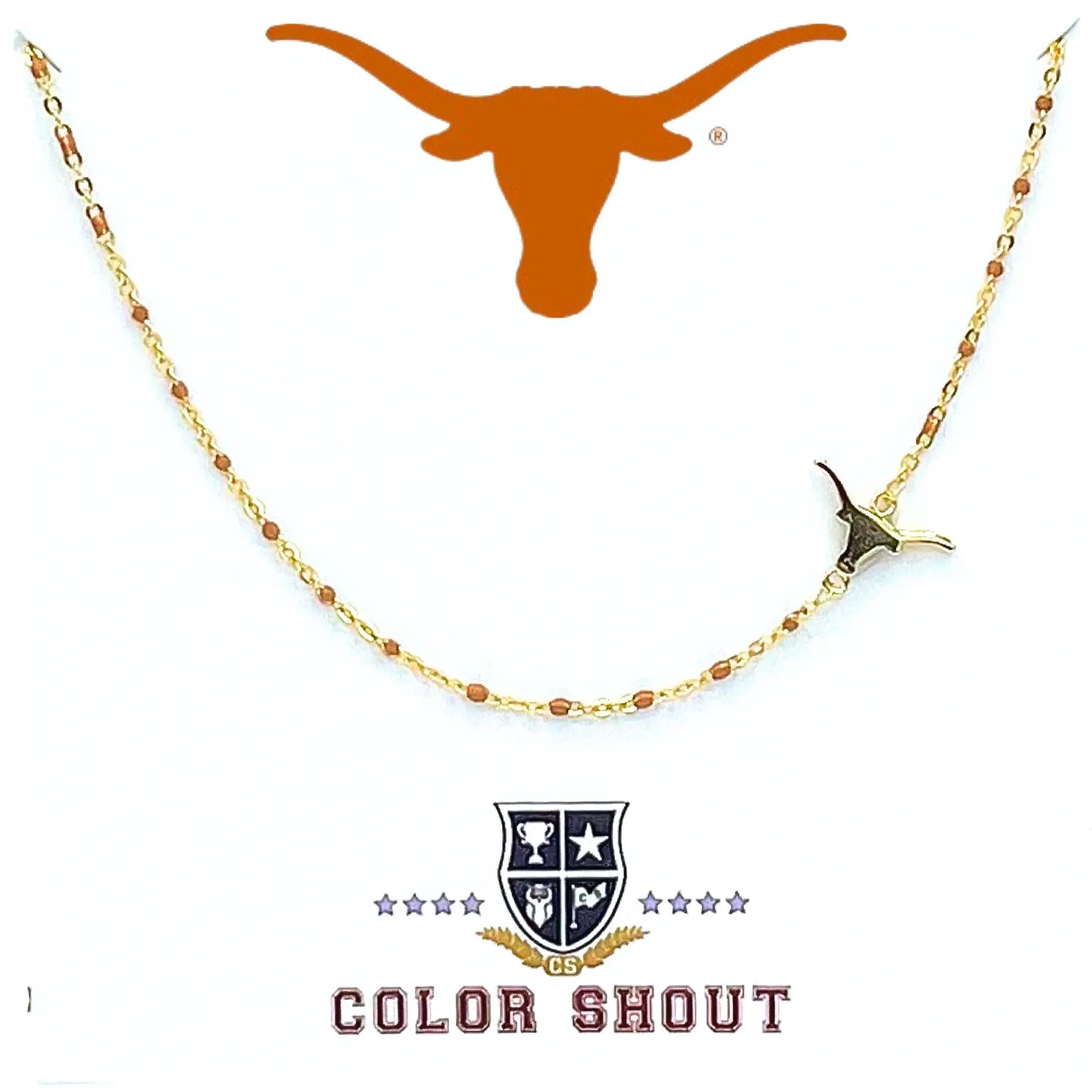 N201 TX- Color Shout for The University of Texas Logo Necklace Side Set Texas Longhorns Logo on Enamel Bead 16-18 inch Adjustable Stainless Steel 18k Yellow Gold Accented with Colored Enamel Lobster Claw Closure