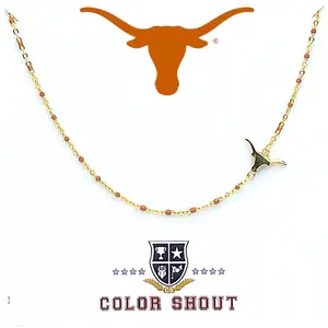 N201 TX- Color Shout for The University of Texas Logo Necklace Side Set Texas Longhorns Logo on Enamel Bead 16-18 inch Adjustable Stainless Steel 18k Yellow Gold Accented with Colored Enamel Lobster Claw Closure