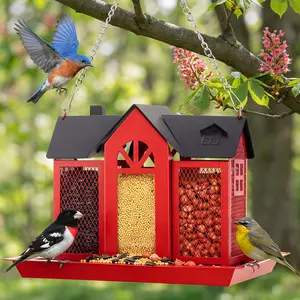 PAWGIANT Bird Feeder House for Outside, 10" × 8" × 7", Hanging Metal Mesh Wild Bird Feeder with Triple Feeders for Finch Cardinal Chickadee Large Capacity, Weatherproof and Durable, Garden Decor for Outside, Unique Gifts for Bird Lovers, Red