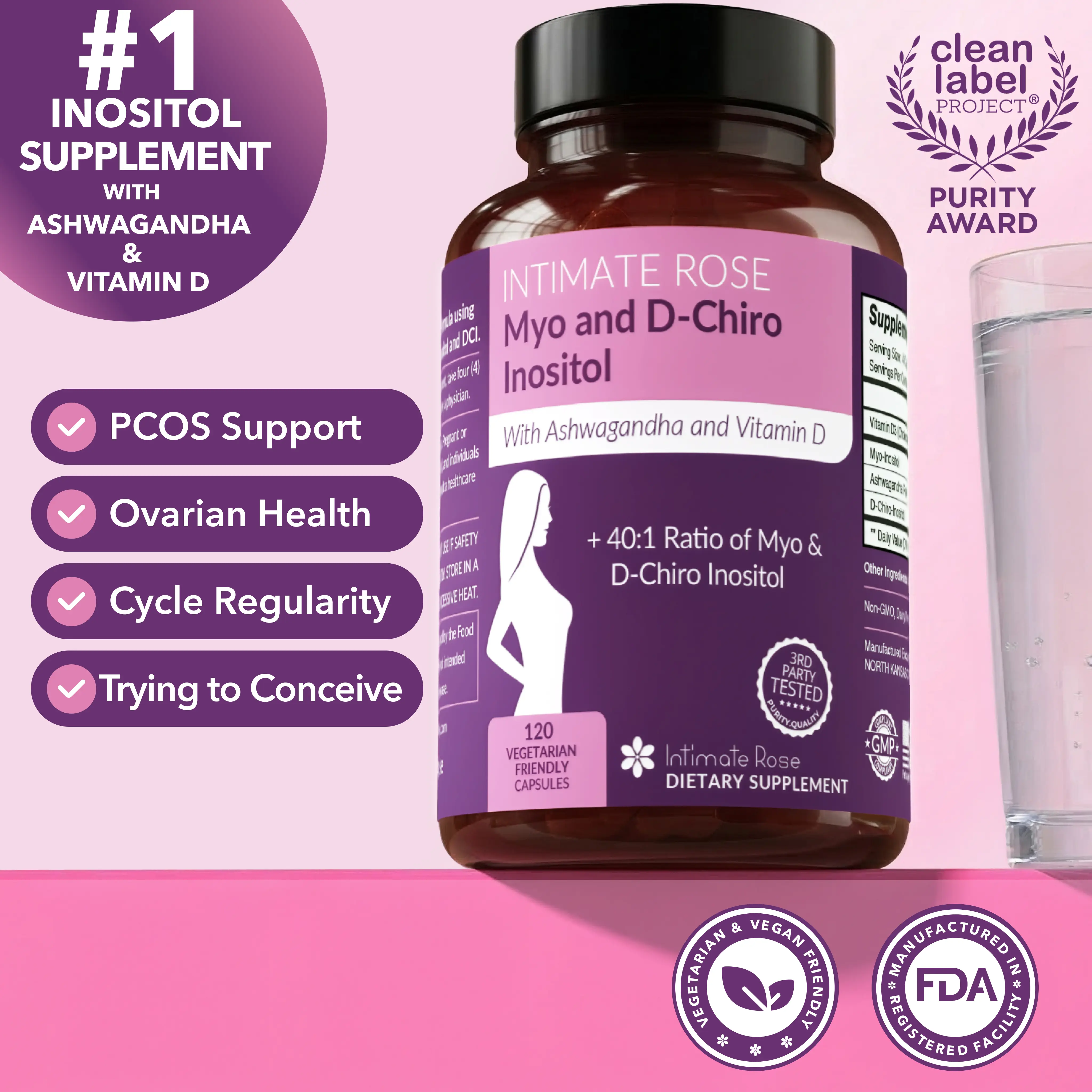 Inositol Supplement 40:1 Myo-Inositol & D-Chiro-Inositol by Intimate Rose, 120 Capsules 30 Day Supply – Cycle & Hormone Support, PCOS Fertility PMS – Pelvic Health Specialist Reviewed, Third-Party Tested, GMP Certified, Made in USA, Vegan Non-GMO