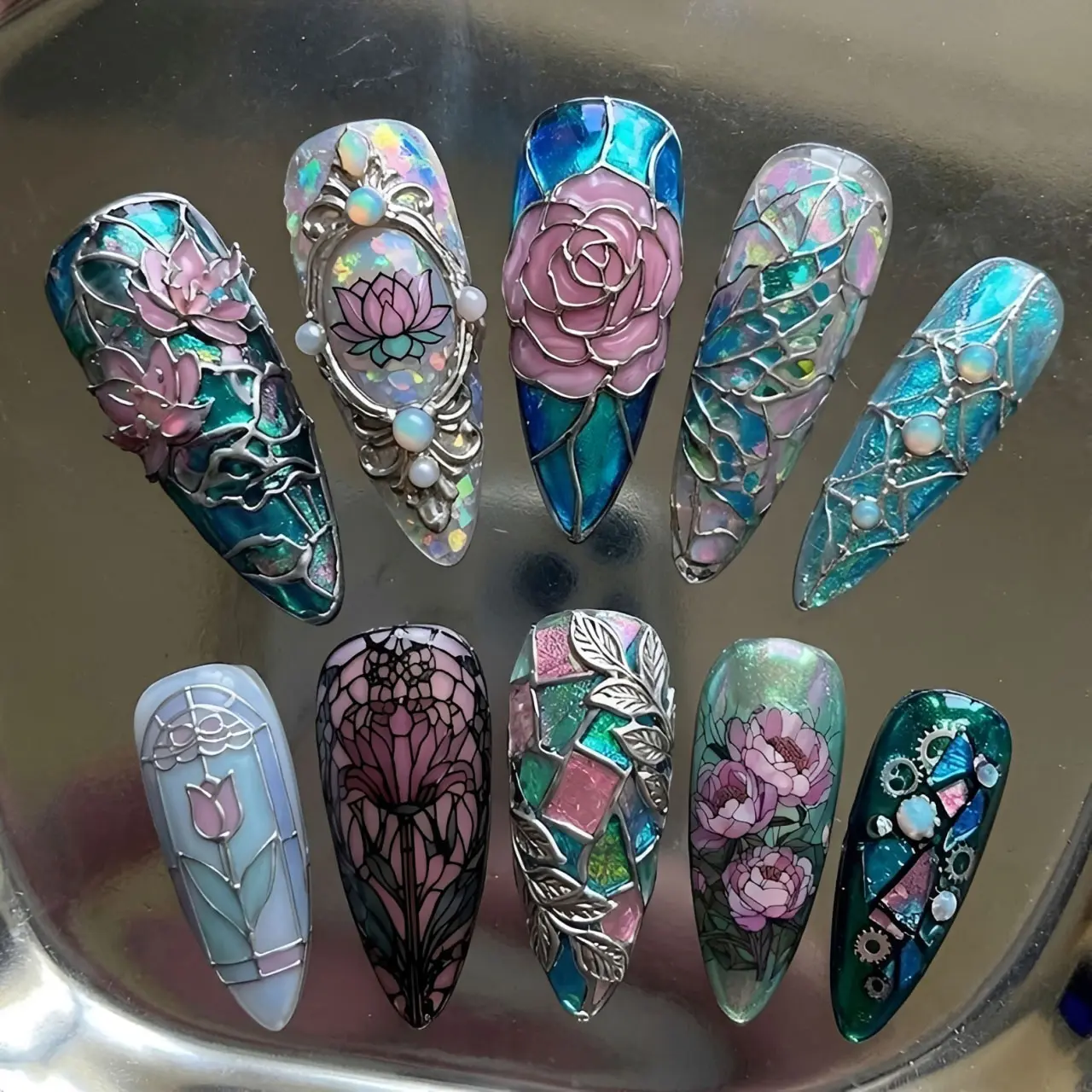 Stained Glass Floral Press On Nails | 3D Lotus Rose Mosaic Nail Art | Teal Pink Silver Long Almond Nails | Vintage Art Nouveau Handmade Nail Set