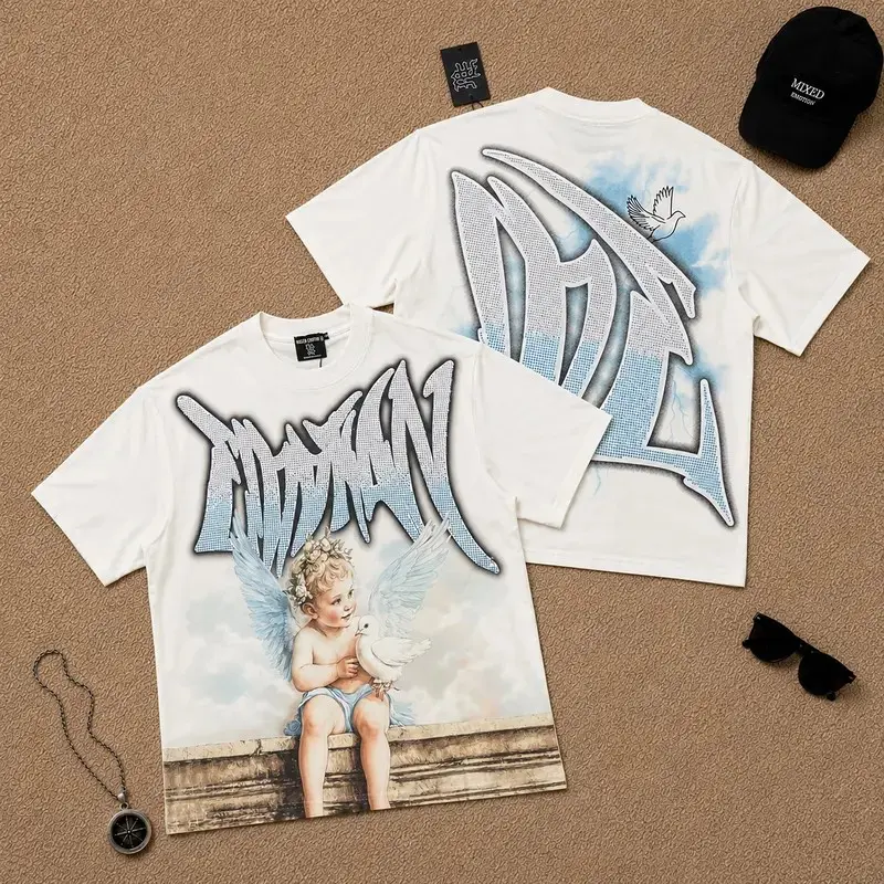 M-Mixed E-Emotion Men's Vintage Angel Graphic T-Shirt - Aesthetic Graffiti Letter Print Heavyweight Oversized Tee, Y2K Cyber Streetwear