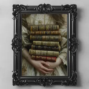 Victorian Book Stack with Pearl Dress Wall Art, Elegant Reading Lady Poster, Dark Romance Prints Not Included Frame